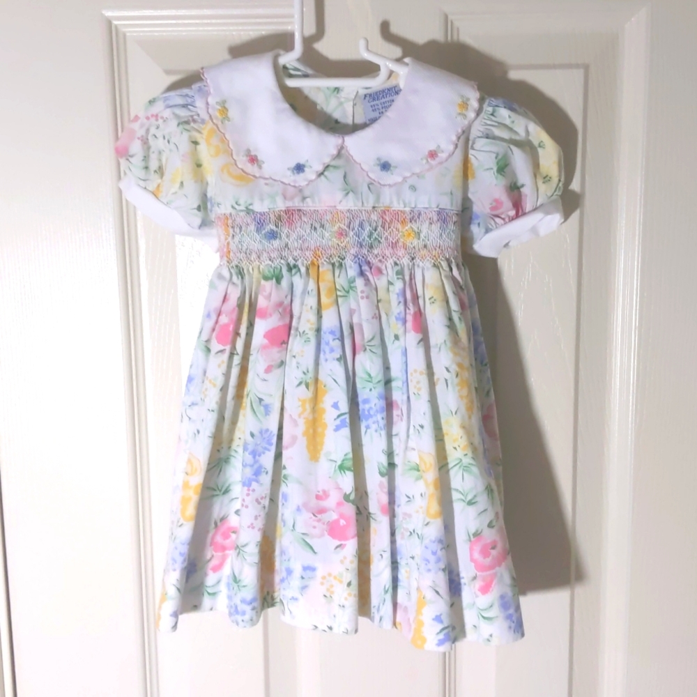Vintage Collared Smocked Floral Dress 12m